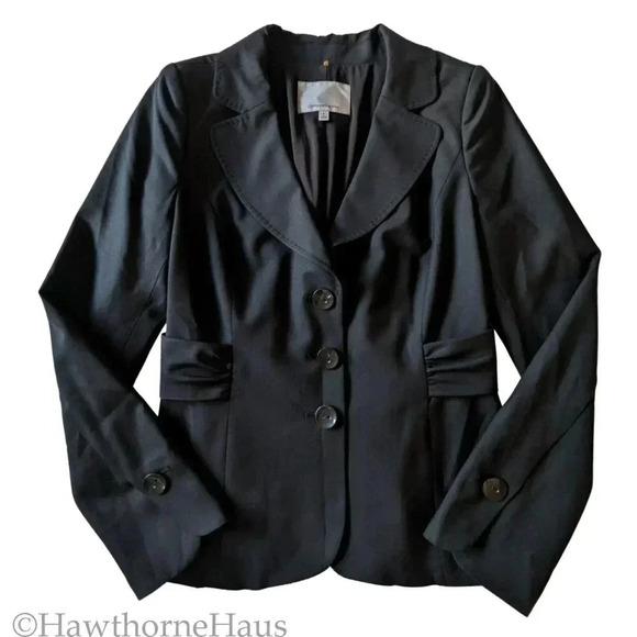 CLASSIQUES ENTIER Black Modern Blazer Jacket Size 4 Three Button Ruched Waist - Picture 1 of 10